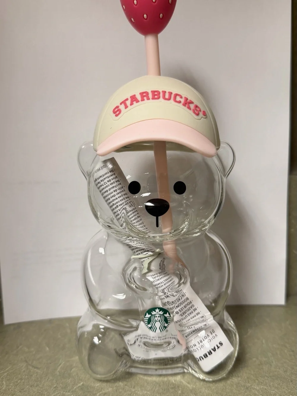 Starbucks Clear Bear Bottle with Pink Strawberry Straw
